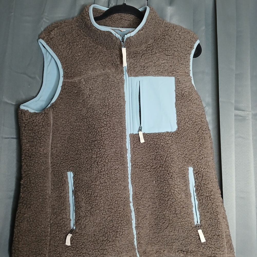 Brown Sherpa Vest with Blue Accents